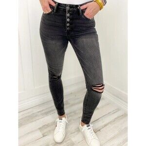 VERVET V2049SHA Black High Rise Distressed Button Fly Ankle Skinny Jeans SIZE 28